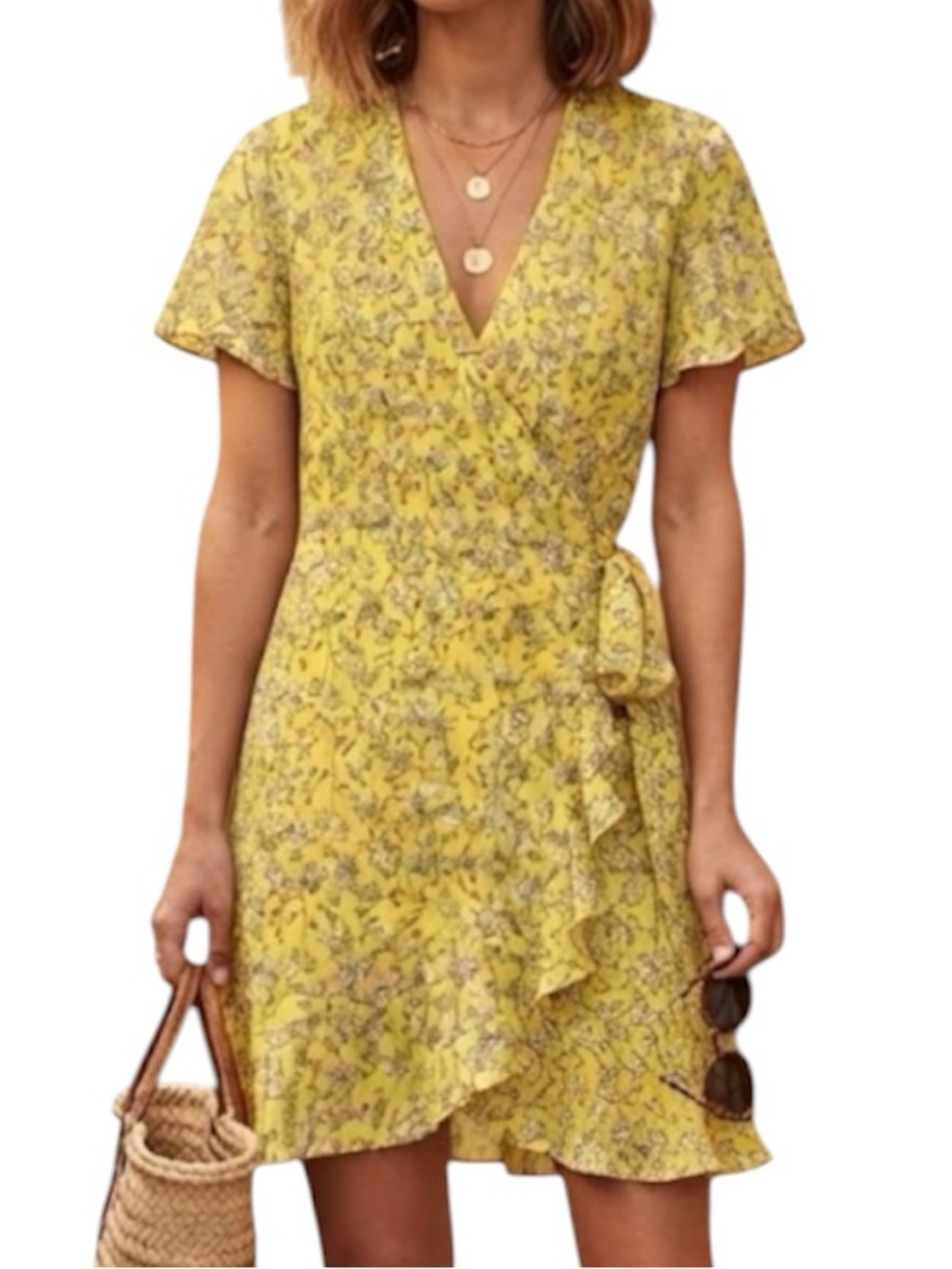 BANANA REPUBLIC Yellow Floral Wrap Dress Flutter Sleeve Boho Bohemian 8